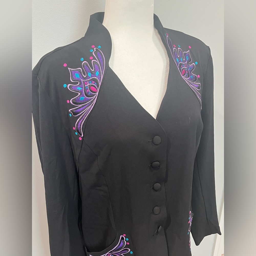 BOB MACKIE WEARABLE ART Blazer Size L Black Multi Embroidered Button Front NWT‎ - Picture 4 of 10